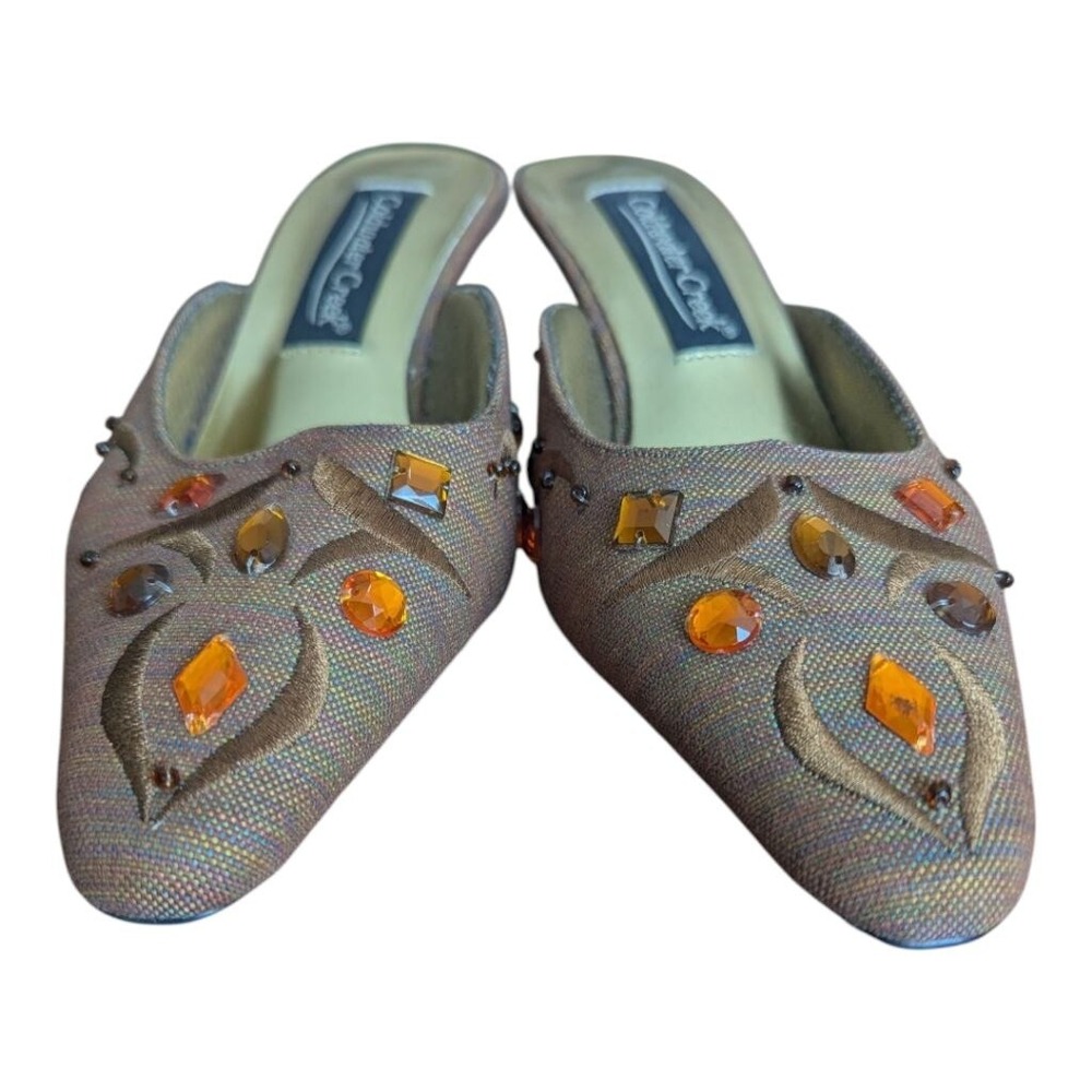 Coldwater Creek Brown Amber Gemstone Embroidered Mule Kitten Heels Womens Sz 7M